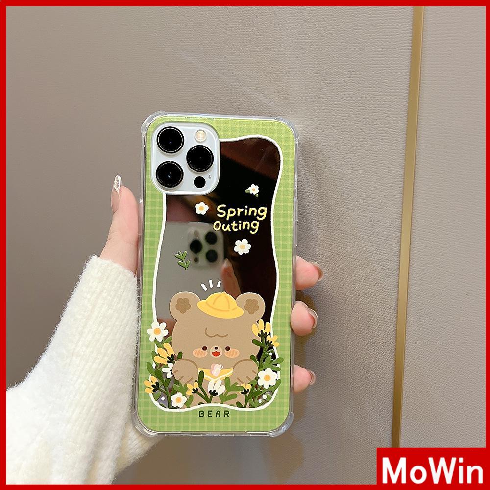 iPhone Case Acrylic Mirror Airbag Shock Resistant Big Hole Camera Protection Green Flower Bear Compatible For iPhone 11 iPhone 13 Pro Max iPhone 12 Pro Max iPhone 7 Plus