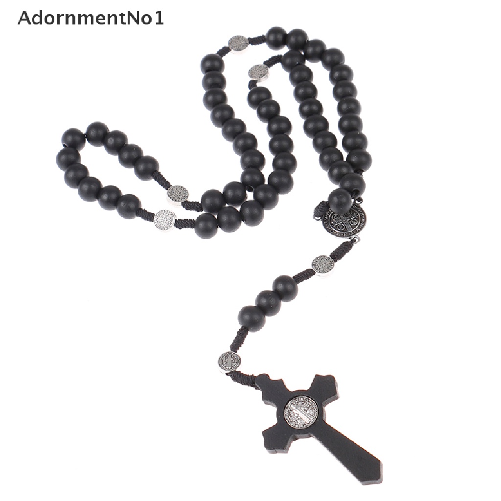 (AdornmentNo1) Kalung Rosario Manik Kayu Hitam Pendan Salib Yesus Gaya Antik