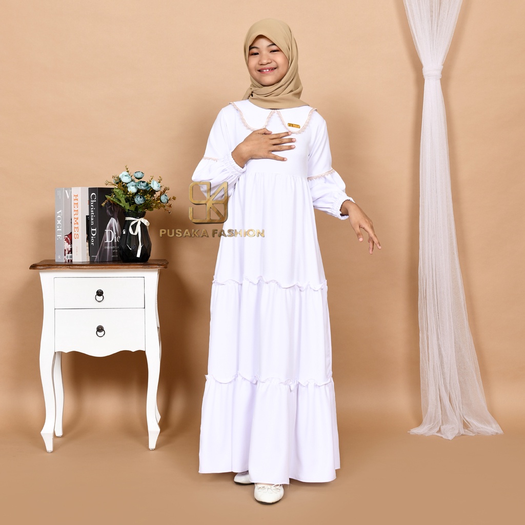 NAYLA kids gamis anak muslim perempuan tanggung long dress serut susun kid wanita anak usia 4 5 6 7 8 9 10 11 12 13 14 tahun warna putih tulang bw hitam lilac wardah dusty pink fashion muslim anak pesantren  ngaji manasik haji maulid nabi sekolah agama