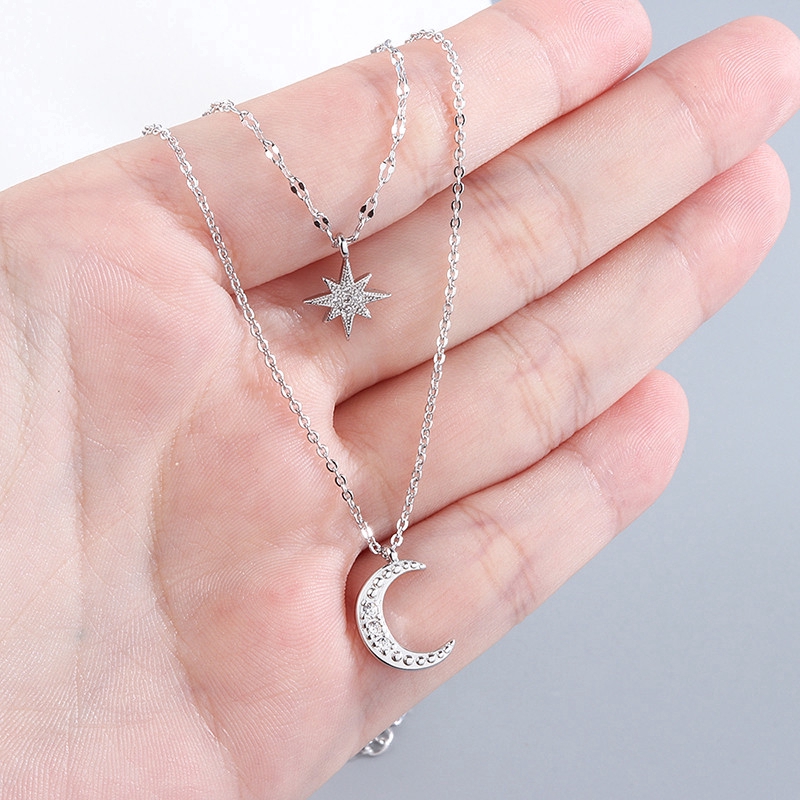 Fashion Aksesoris S925 Sterling Silver Kalung Double Moon Bentuk Bintang Desain Sederhana dan Serbaguna