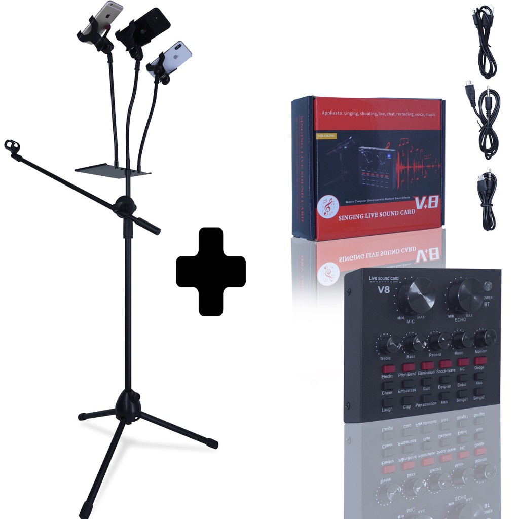 Kotacase-Mic Holder Full Set Pro Stand Holder Berdiri Microphone 1 &amp; 2 Holder HP LED Mic Standing Holder LED With Tray V8 Soundcard