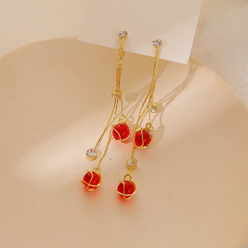 S925 Korea Opal bola telinga hook wanita merah halus sederhana anting-anting Korea gaya chic dan uni