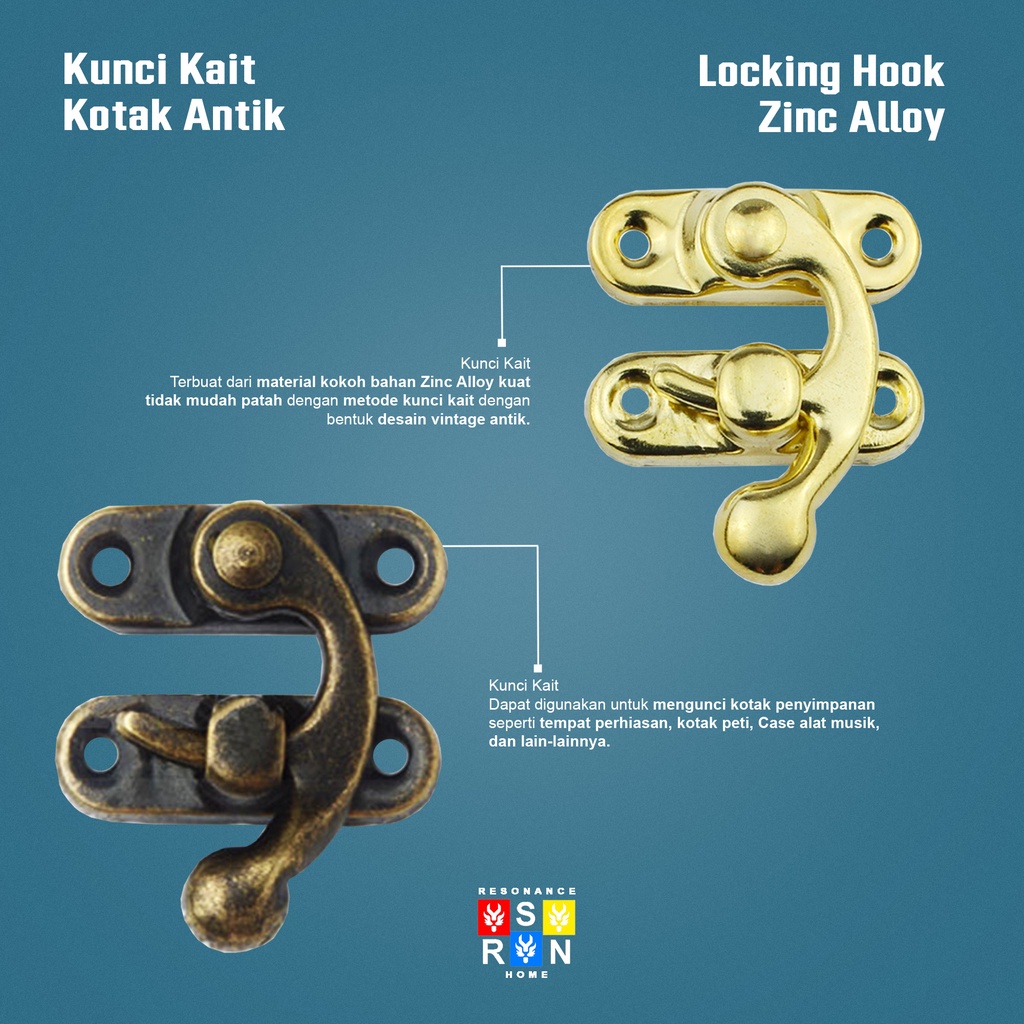 Kunci Pengait Kotak Box Kayu Antik 37x42mm / Locking Hook Resonance Home