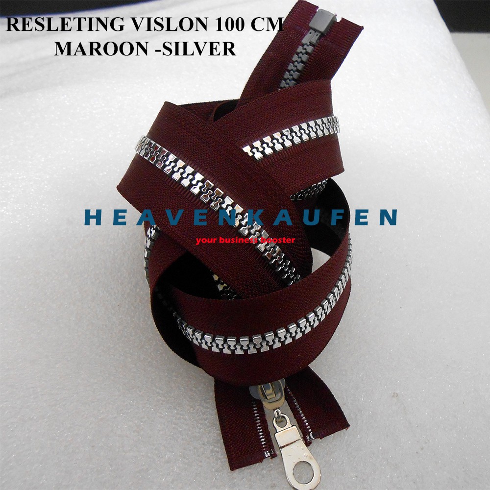 Resleting Zipper 100 cm (1 Meter) Vislon Merah Hati Maroon - Silver Open - End / Buka - Lepas