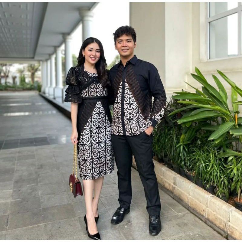 DRES BATIK WANITA MODERN TERBARU / COUPLE DRES BATIK HITAM MODEREN PESTA
