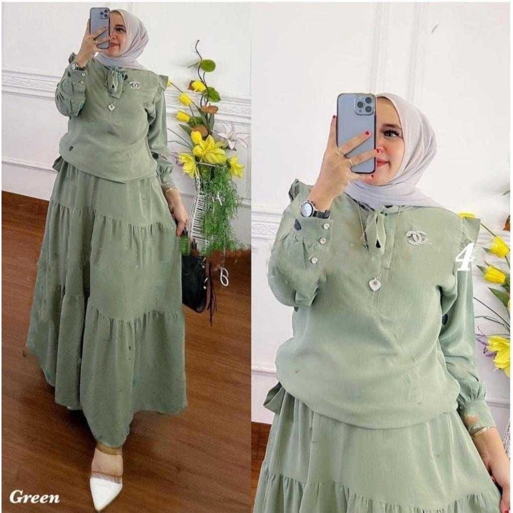 Zaina Dress Baju Gamis Brukat Tile Remaja Dewasa Seragam Pesta Wanita Muslim - Sage Green Hijau Sage