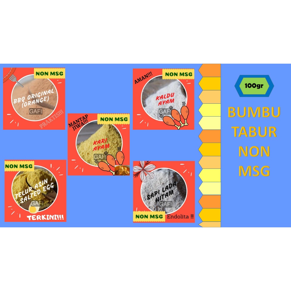 

Bumbu Tabur Non MSG Mantap Gurih Sehat Kaldu Ayam Sapi Panggang Nikmat Lezat Salted Egg (100gr)