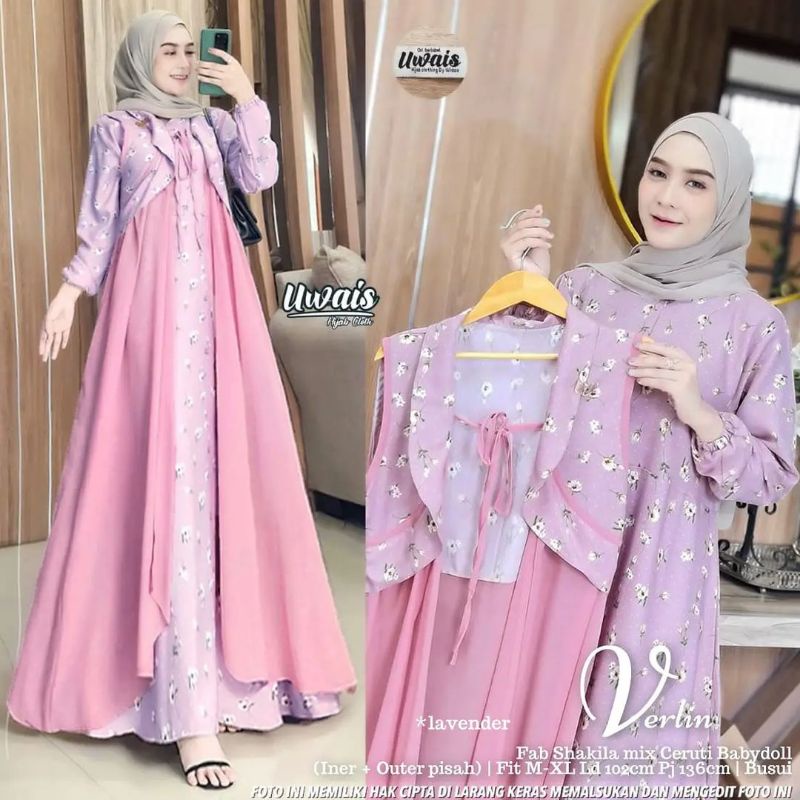 Cod Verlin set / gamis korean style / gamis plus outer pisah / gamis syakila mix ceruty / gamis 2in1