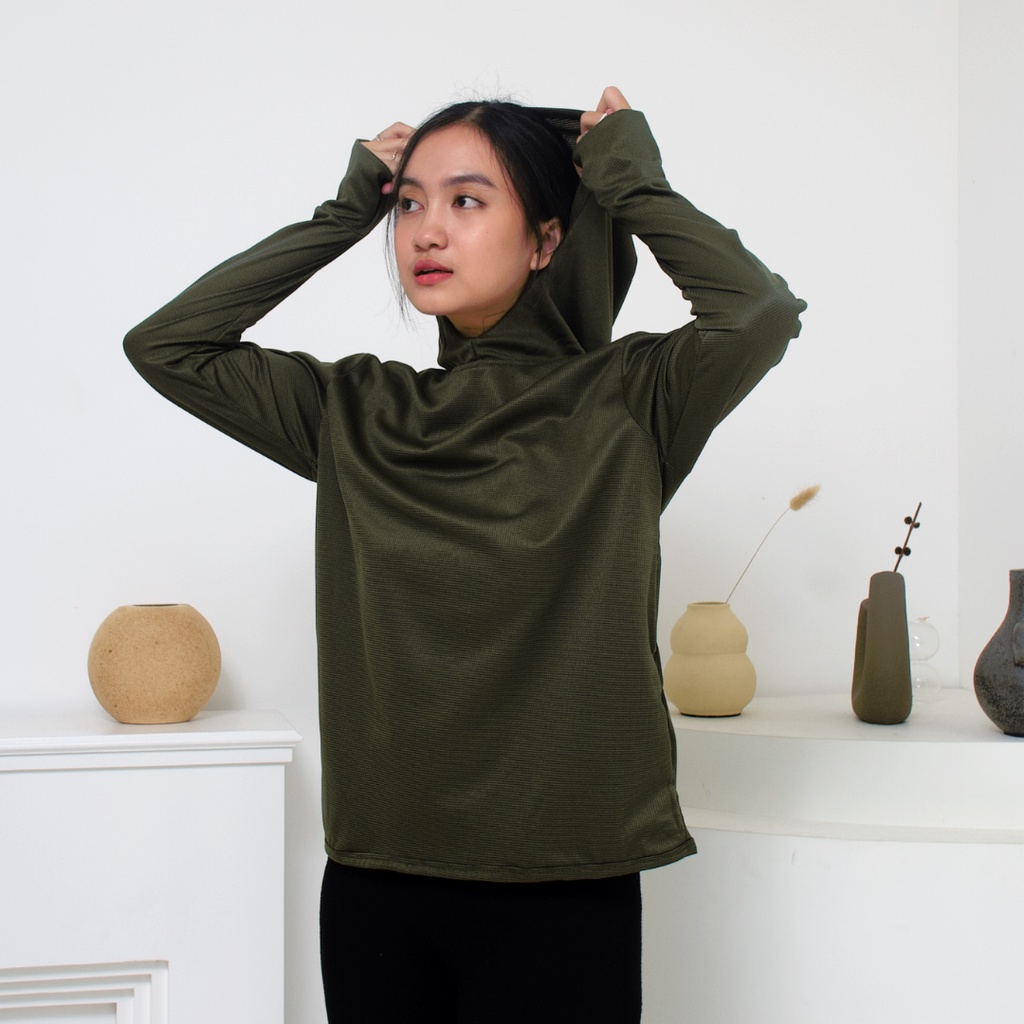 IE.DEMODE Hoodie Wanita Polos Outer Sport Breath Technology Hijau Army-6