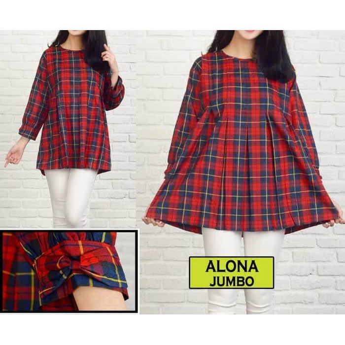 Blouse wanita Blouse Jumbo Alona Kotak Merah Baju Atasan Wanita Lengan Big Size Murah