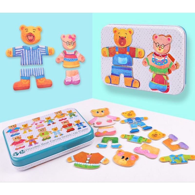 wooden bear family dress-up magnet puzzle