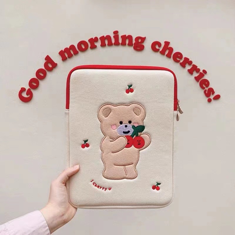 Sleeve Pouch Sarung Tas Bag Case Ipad Tab Tablet Macbook Air Pro Laptop Asus Acer Lenovo HP Huawei 11 12 13 14 15 inch Motif Gambar Cherry Bear Beruang Cery Warna Putih Merah Lucu Cute Murah Korean Model