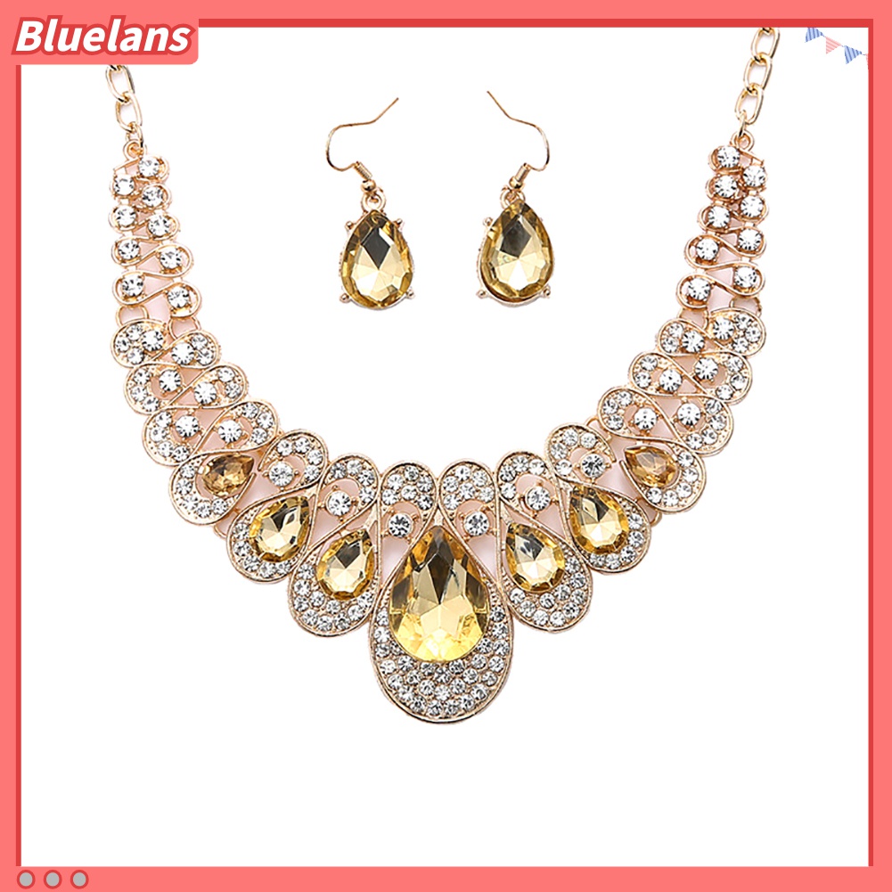 2pcs / Set Kalung Anting Berlian Imitasi Bentuk Teardrop Untuk Pengantin