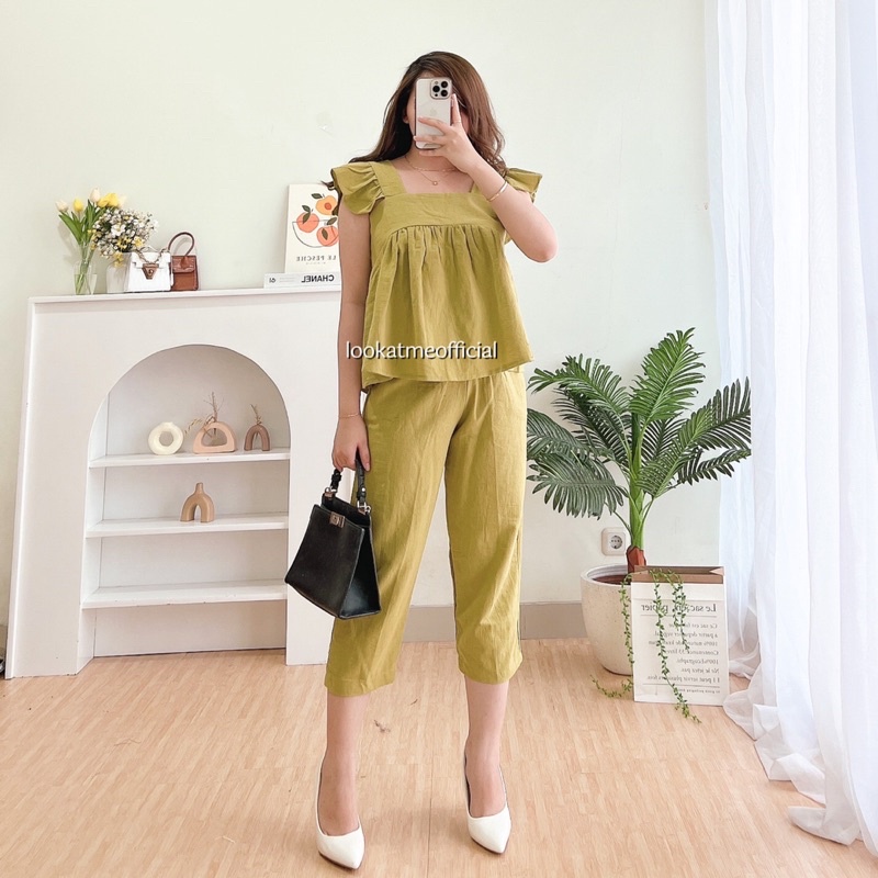 lookatmeofficial • Barbie 2in1 Set Wanita  - Setelan Bahan Linen Premium Top + Pants