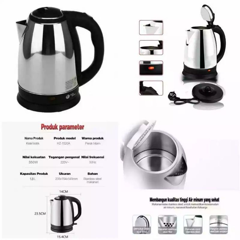 Fleco F-718 Teko Listrik Stainless Steel - Teko Listrik Fleco F 718 Pemanas Air Anti Karat - Mug Electric Heating Cup Termos Kapasitas 1.8 Liter | FMS