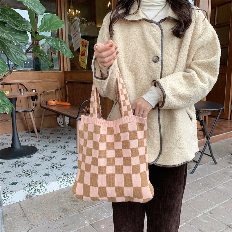 BEST-SELLER!! KOREAN KNITTED TOTEBAG CHECKERED BOARD