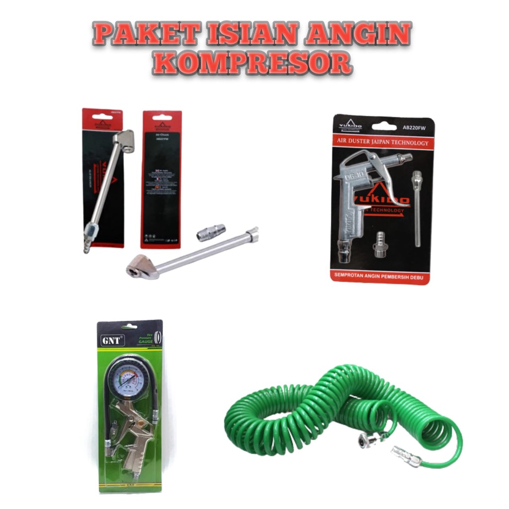 PAKET HEMAT Selang Kompresor Spiral isian angin air chuk + air duster + Recoil Hose selang kompresor 6 m 9 m 12 m dan Inflator 3 in 1 Alat Isi Ukur