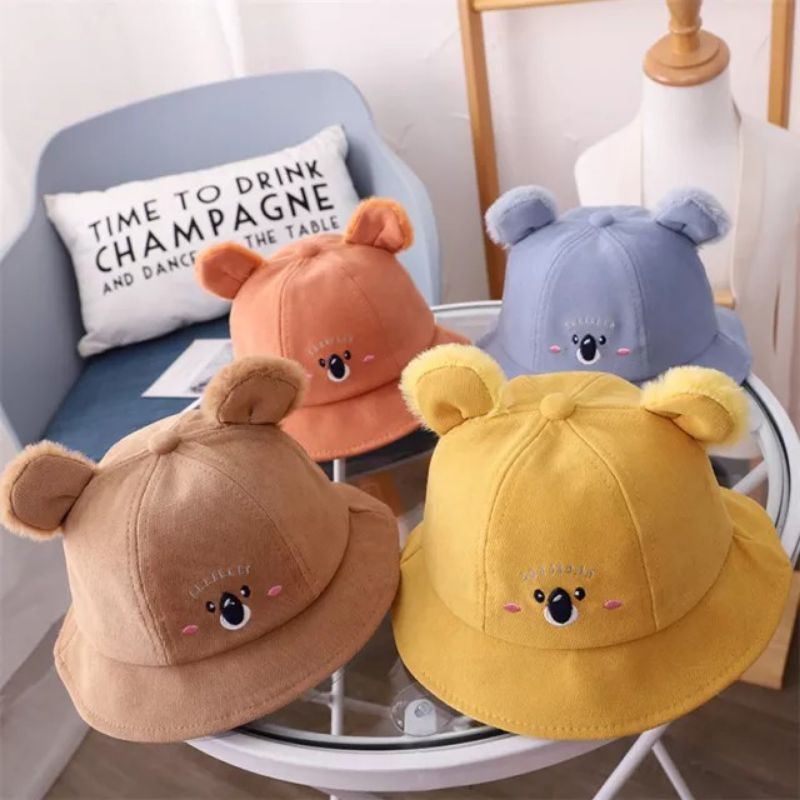 Topi Bucket koala telinga bulu pom baby hat import