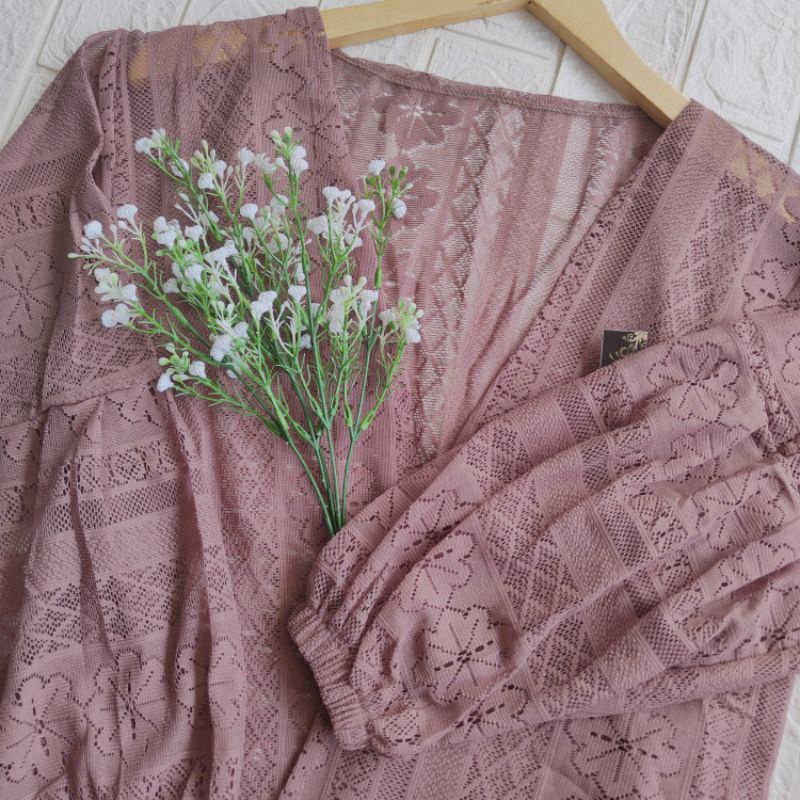 KARDIGAN BRUKAT LENGAN BALON/PROMO LONG OUTER BRUKAT-Choco