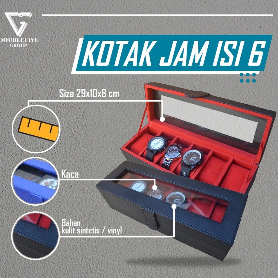 Kotak Jam /Box Jam / Tempat Penyimpanan Jam / Watch Box Oraganizer isi 6 Hitam Merah