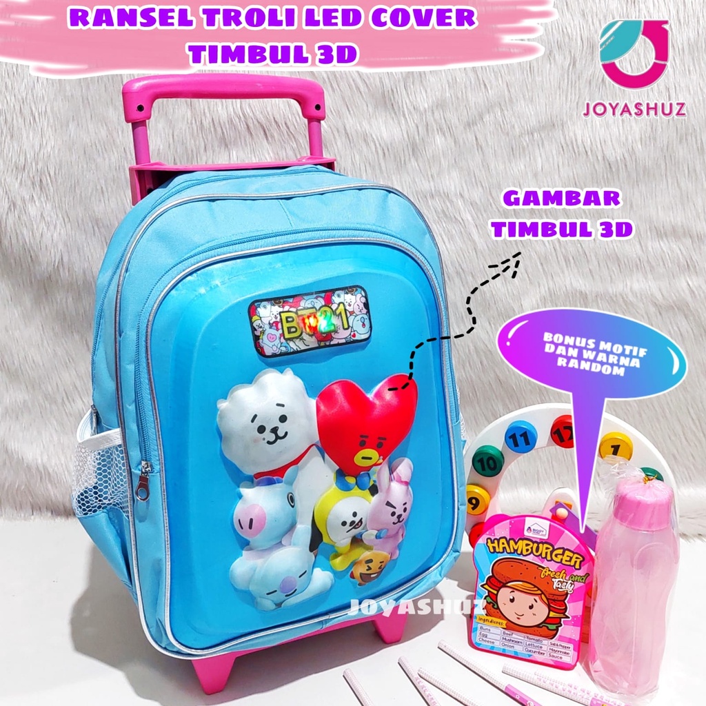 Tas Troli BT 3D LED Anak SD Berbonus - Ransel Troli Timbul LED - Tas Sekolah Anak SD Troli Karakter - Tas Dorong Anak Perempuan SD Gratis Botol Dan Misting - Tas Sekolah Anak Perempuan Karakter Lucu - Joyashuz