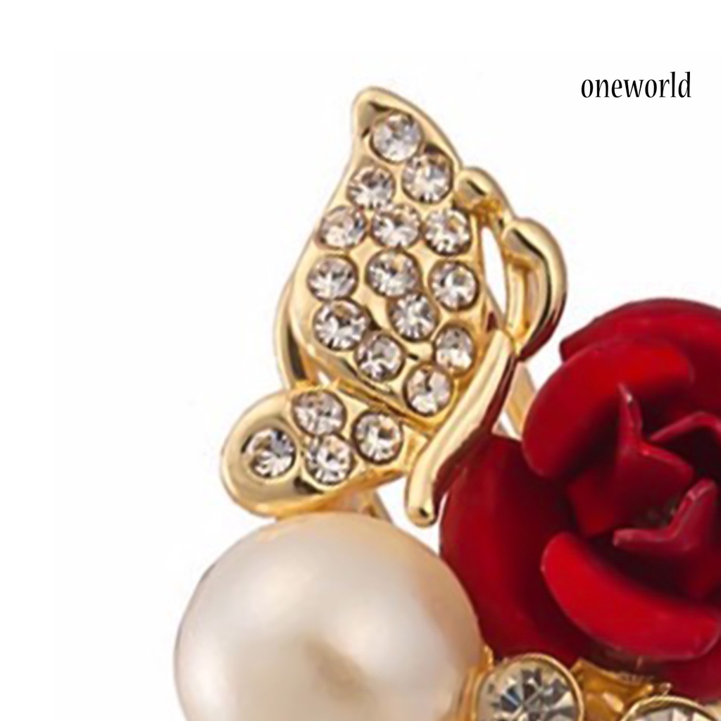 OW@ Earrings Red Rose Flower Faux Pearl Decor Exquisite Alloy Ear Studs Jewelry Gift for Party