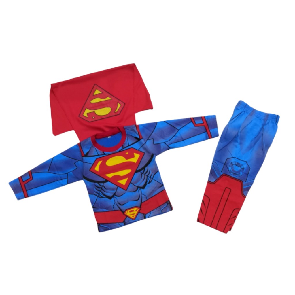 Kostum Anak Karakter Superman III Full Print Baju Sayap Cowok Superhero Setelan Panjang