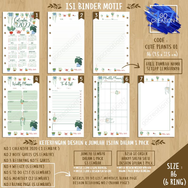 

Buku Planner isi Kertas Binder Motif Cute Plants 01 Premium A6 ring 6