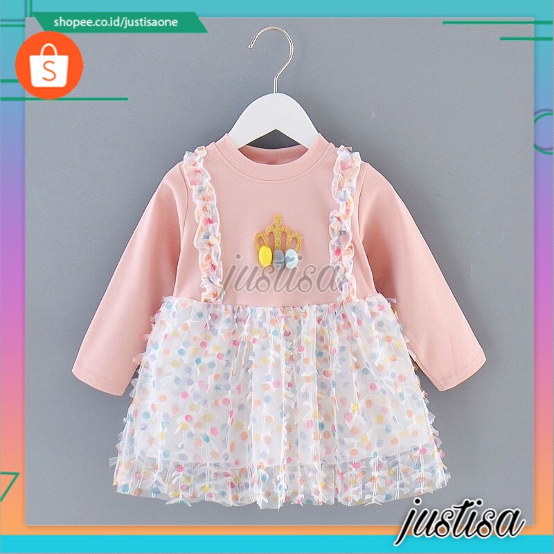 Promo !! Dress anak cewek lucu / dress pompom ball crown ukuran 6bulan - 2tahun / Dress import anak / Dress trendy anak cewek