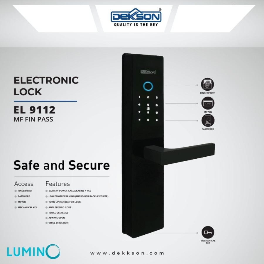 Dekkson Smart Lock / Digital Lock / Electronic Lock / Kunci Pintu Digital EL 9112  MF Fin Pass