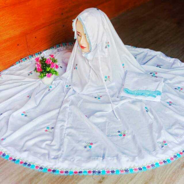 MUKENA MUKENAH RUKUH TELEKUNG  TERUSAN POTONGAN ATAS BAWAH DEWASA MOTIF TABUR MURAH POLINO PUTIH COD