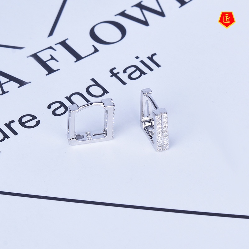 [Ready Stock]S925 Silver Square Hollow Rhinestone Earrings