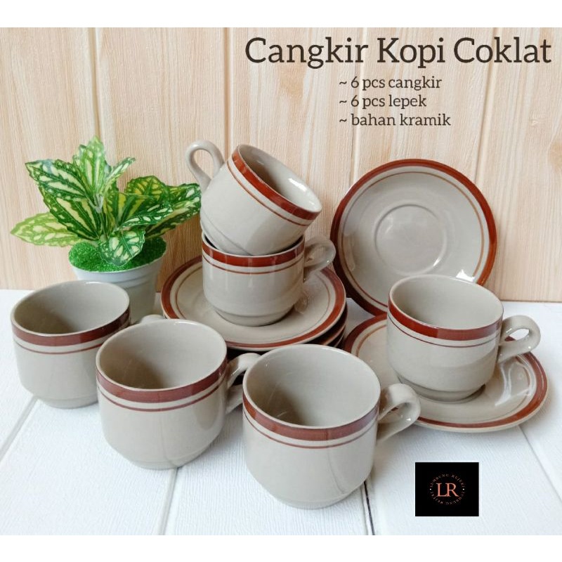 CANGKIR  KERAMIK LISH COKLAT 12PCS LUCKY / CANGKIR KOPI KERAMIK LUCKY / CANGKIR KOPI KERAMIK