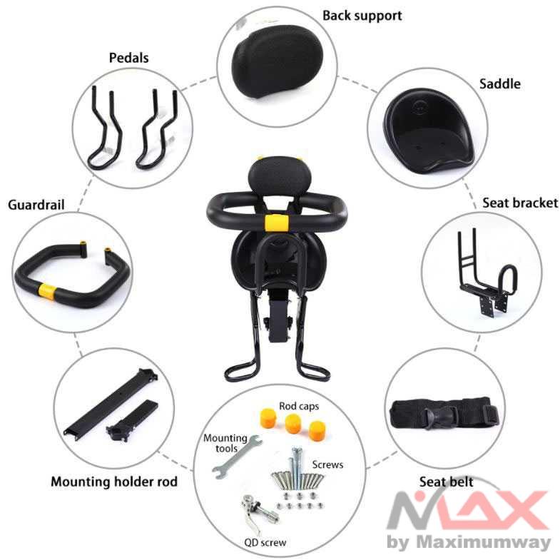 Boncengan Depan Anak Sepeda Universal bisa MTB Sepeda listrik Sepeda mini lipat penopang kuat aman ada seatbelt Lipat Child Safety Front Seat Mountain Bike Children Safety Seat Kid Bicycle Front Chair MTB Baby Safety Seat Backrest Footrest Child Safety