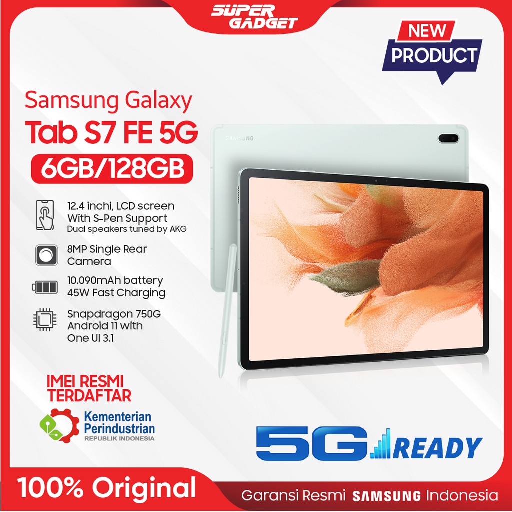 Samsung Galaxy TAB S7 FE T736 RAM 6 GB ROM 128 GB 6/128 12 Inch 5G Original Garansi Resmi SEIN-Mystic Green