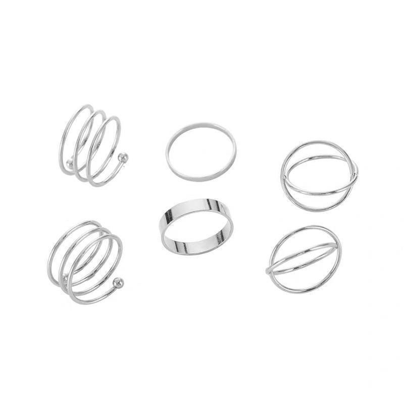 Set (6 buah) Cincin Geometri Aneka Bentuk Silang Spiral Flat Geometric Ring Bahan Alloy Fashion Korea Korean Ring Gaya Punk