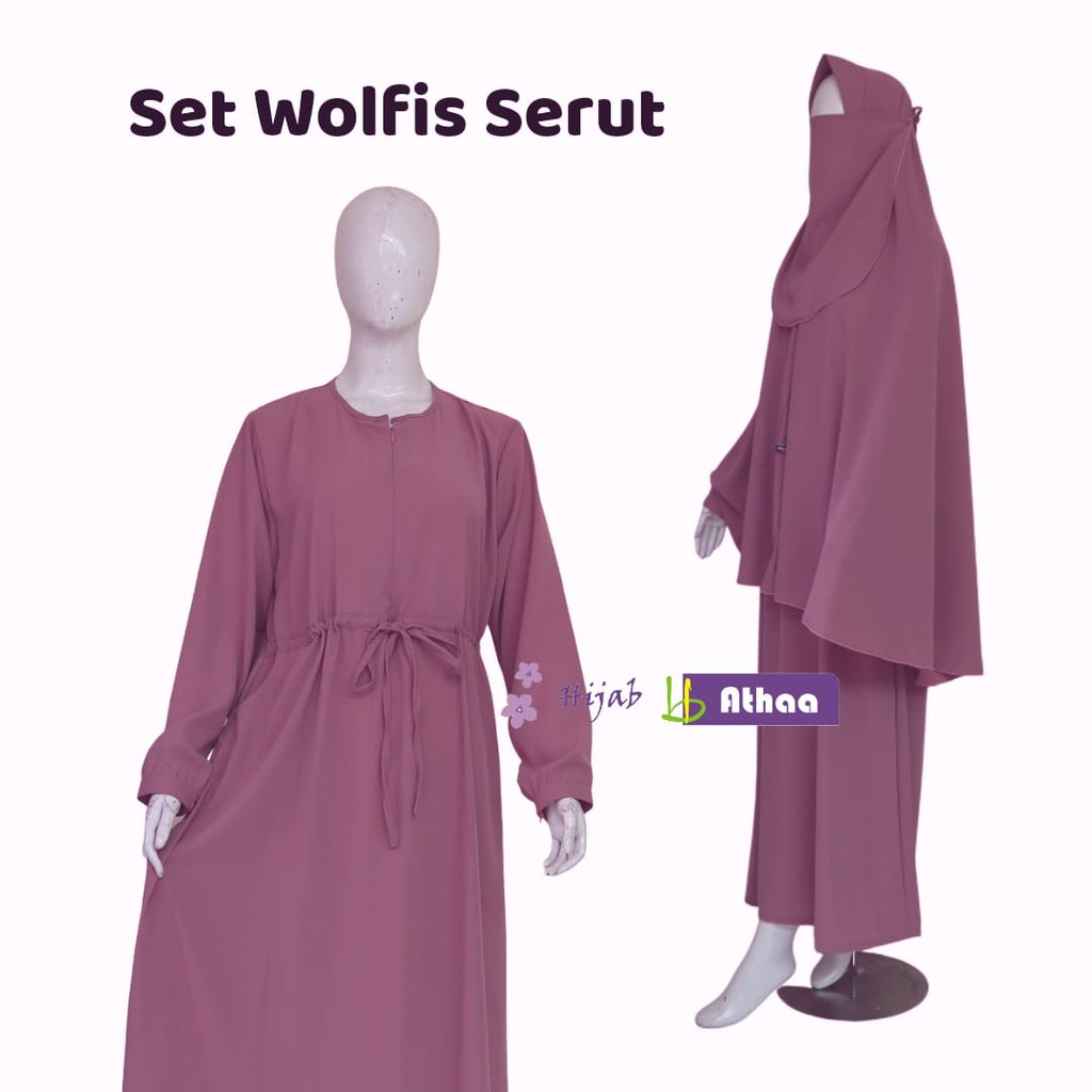 Set Gamis Cadar Tali Jilbab PET Wolfis Syari / Gamis Set Cadar Wolvis