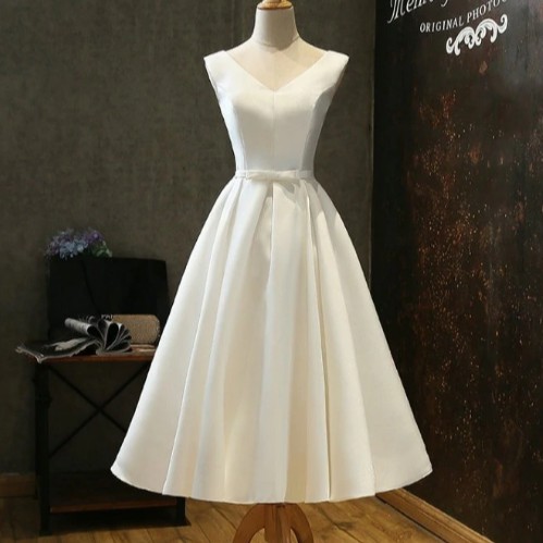 short evening party dress  V neck sleeveless dress satin white wedding party 2020
