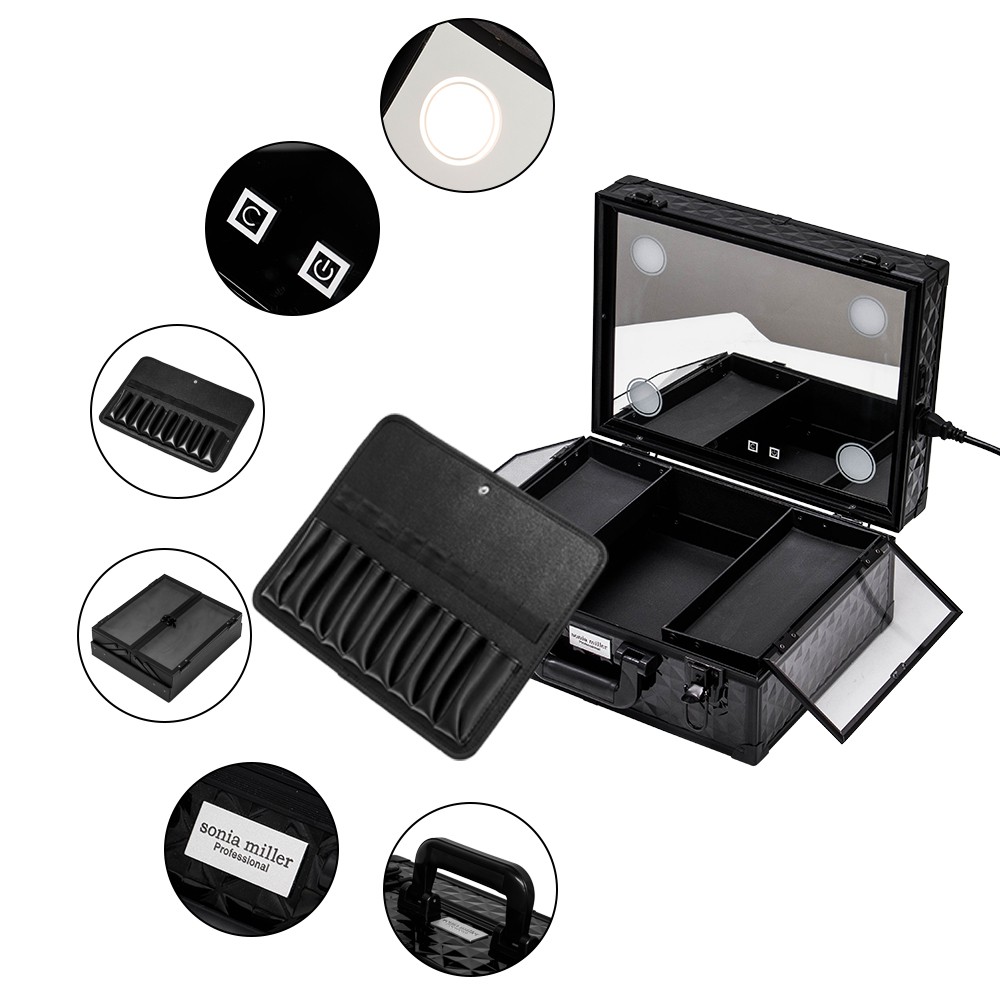 Sonia Miller Sub Compact  38 x 28 x 16 cm Diamond Black Beauty Makeup Case with 4 Built in LED