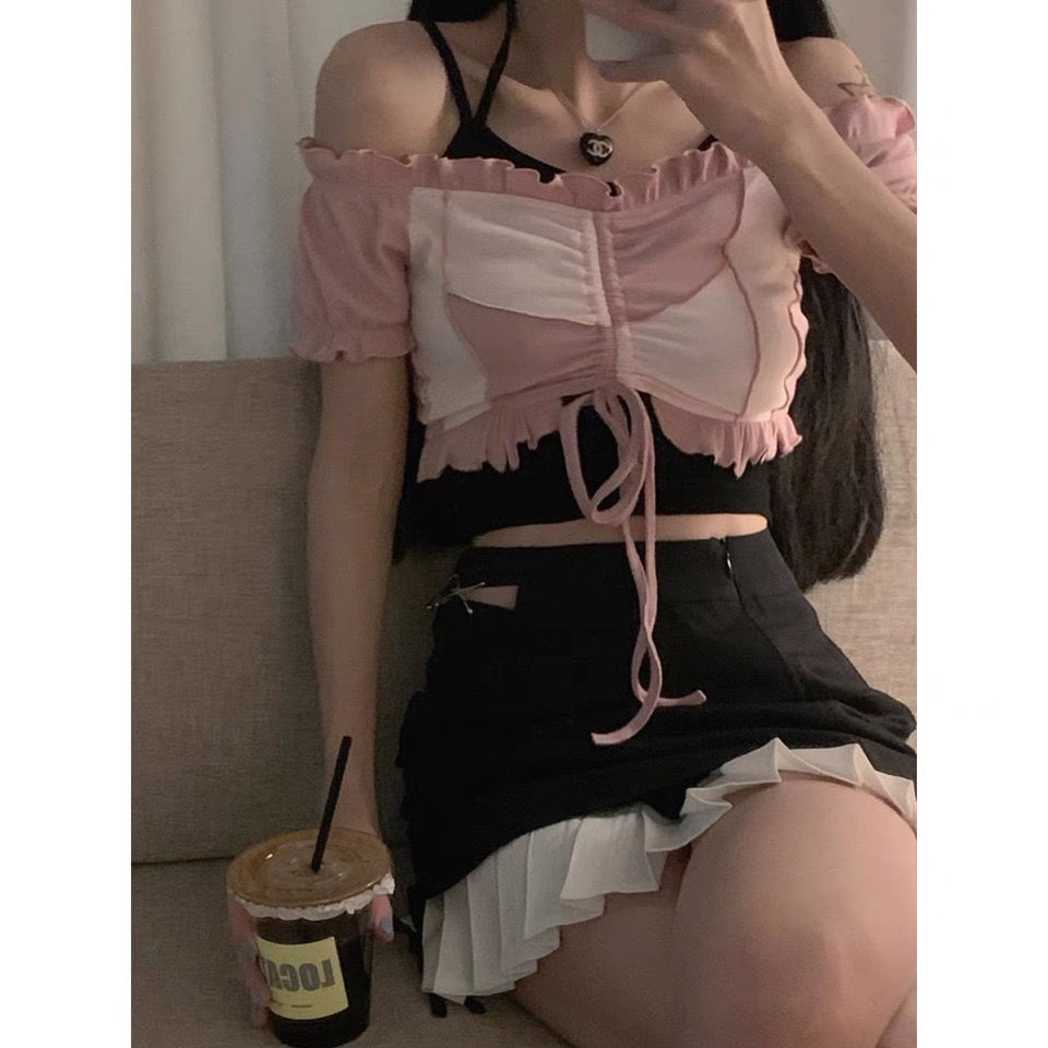 2021 Baru Musim Panas Manis Jepang Slim Fit Kemeja Pendek Lipit Desain Bahu Lucu + Leher Gantung Sel