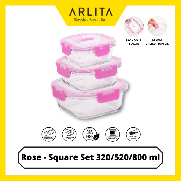 ARLITA ROSE SET - SQUARE- GLASS CONTAINER SET ISI 3