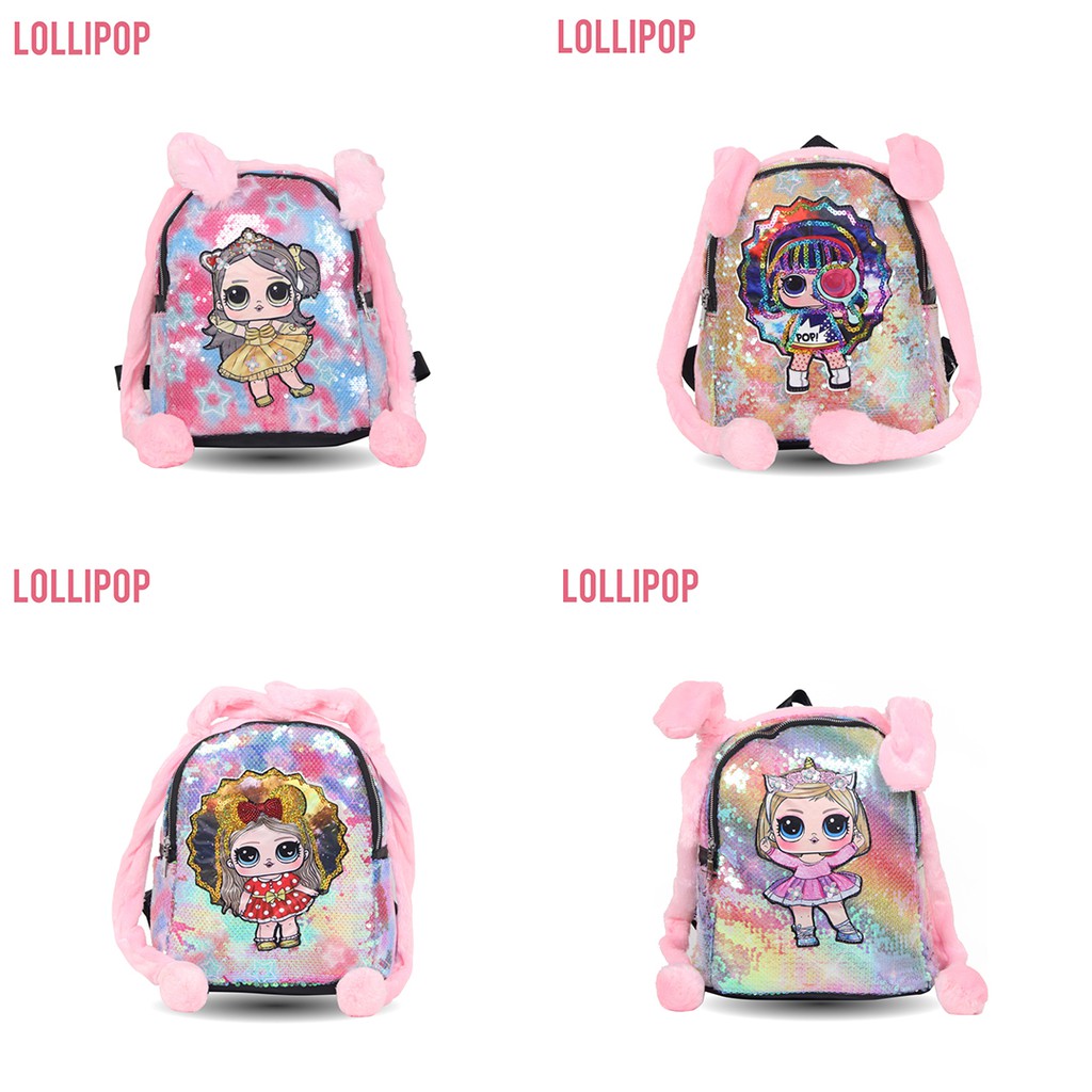 [KLIKTAS] Tas Ransel anak LOL Bunny Head 12517 / SEQUIN Lampu Manik Usap Kuping Gerak