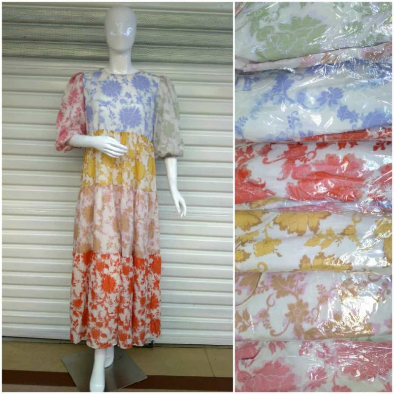 JDO - Dress / Gamis motif bunga combi kerah bulat JDO - Jus D'Orange