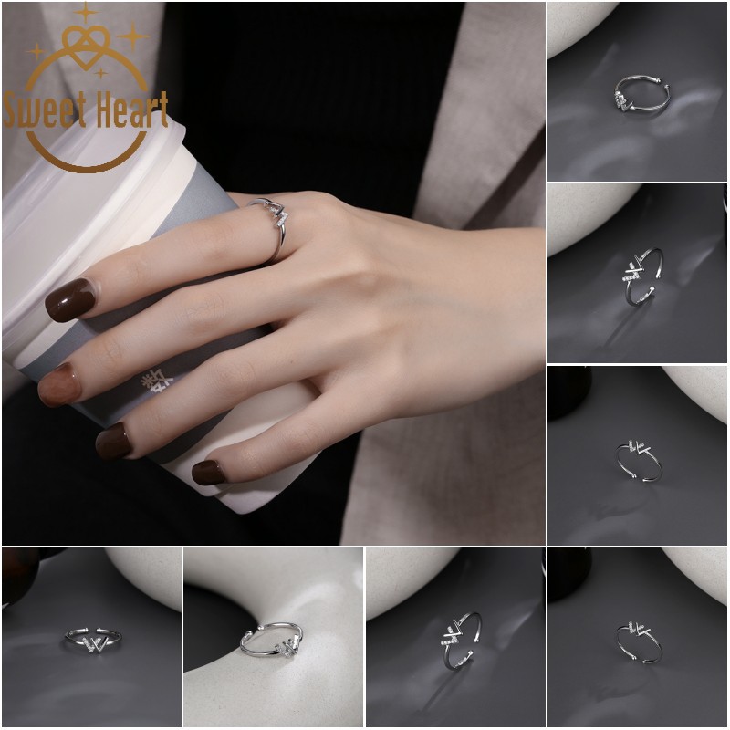 Cincin Model Terbuka Bahan Metal Lapis Silver Desain Tulisan W Deisgn Hias Berlian Imitasi Adjustable Untuk Wanita