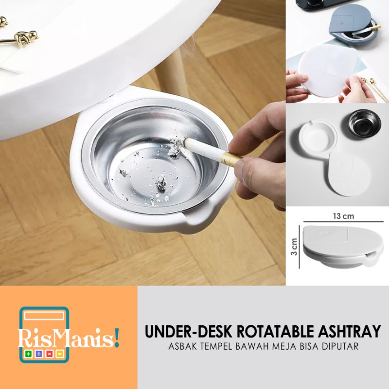 UNDER-DESK ROTATABLE ASHTRAY - Asbak Tempat Sampah Tempel Bawah Meja Kerja Stainless Steel Rotasi Berputar 360 Derajat Abu Puntung Rokok