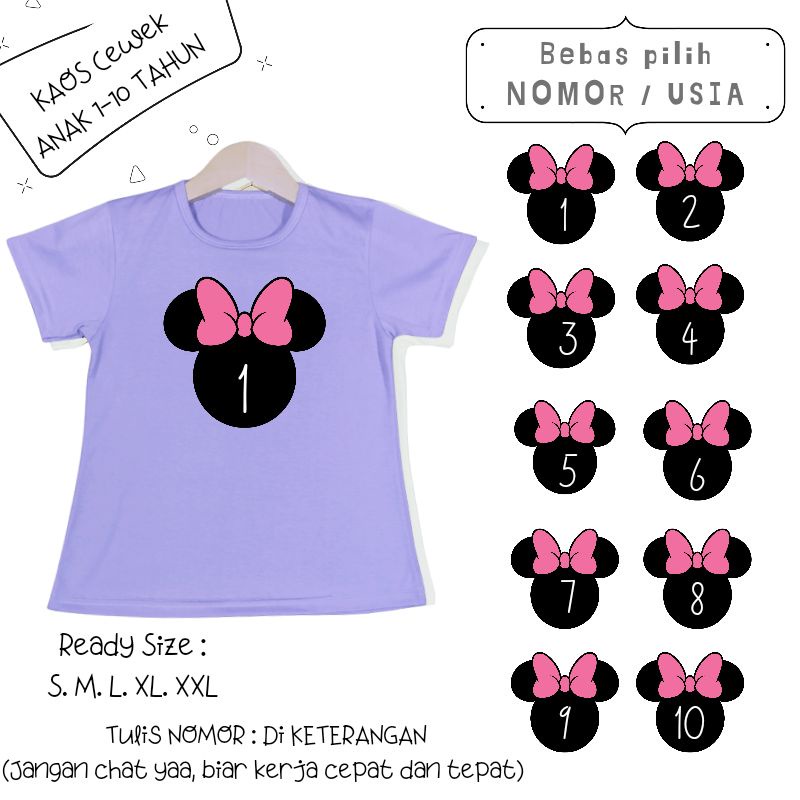 Baju Kaos Anak Cewek 3-12 tahun sampai Dewasa Jumbo MINNIE PITA