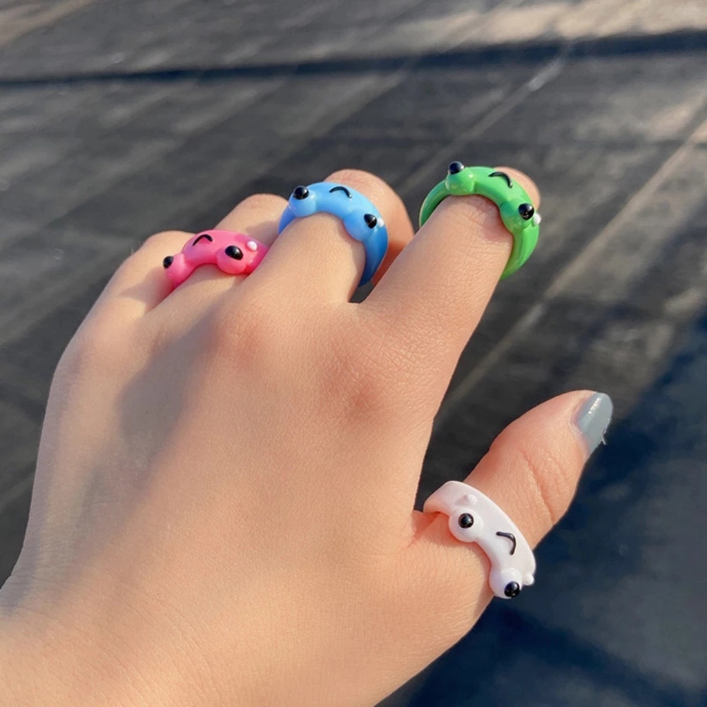 Cincin Bentuk Kartun Hewan Katak Bahan Resin Akrilik Untuk Pria Dan Wanita