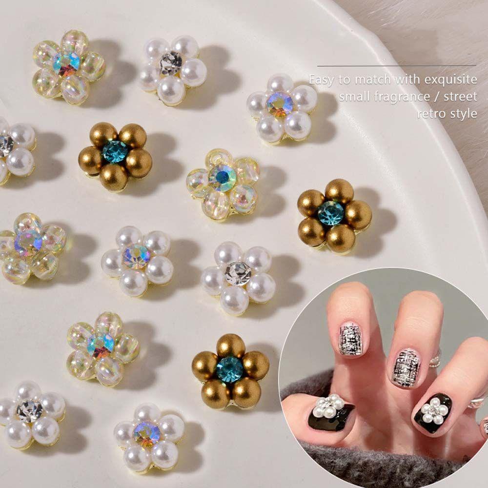 Mxbeauty 3D Pesona Kuku Mewah Lima Kelopak Mutiara Imitasi Kristal Nail Drills Manicure Flower Nail Jewelry