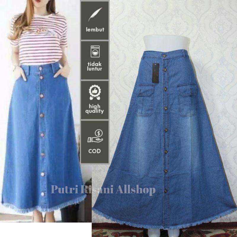 Rok Panjang Wanita - Rok Model A Cargo Kancing Dan Rok Motip Tempel - Soft Jeans BB ± 40-60 Kg-7