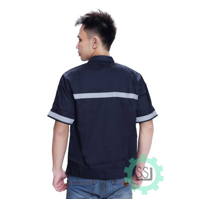 Baju Proyek Lengan Pendek Kemeja Kerja Pria Safety Bahan Drill